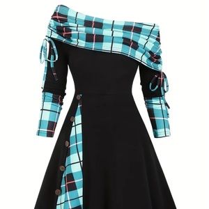 Woman’s Blue Plaid Print Off-shoulder Drawstring Dress
